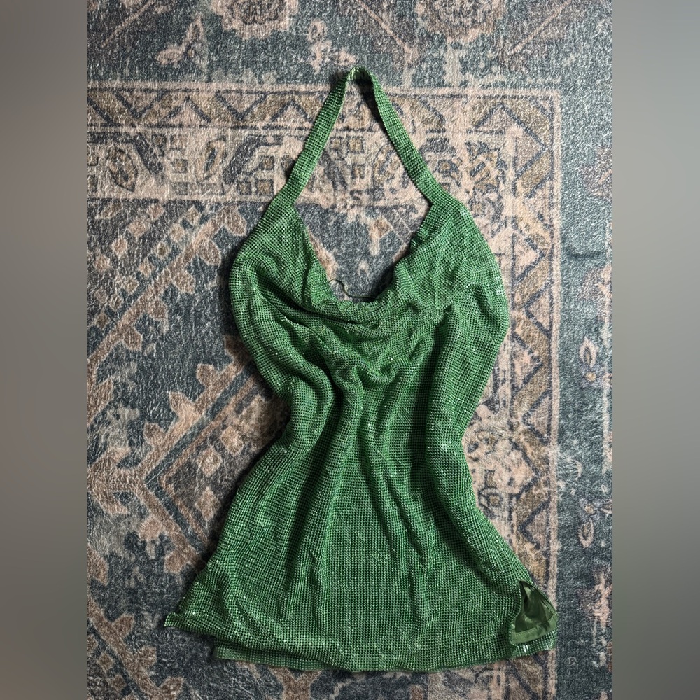 Meshki — Low Back Diamante Mesh Mini Dress Green